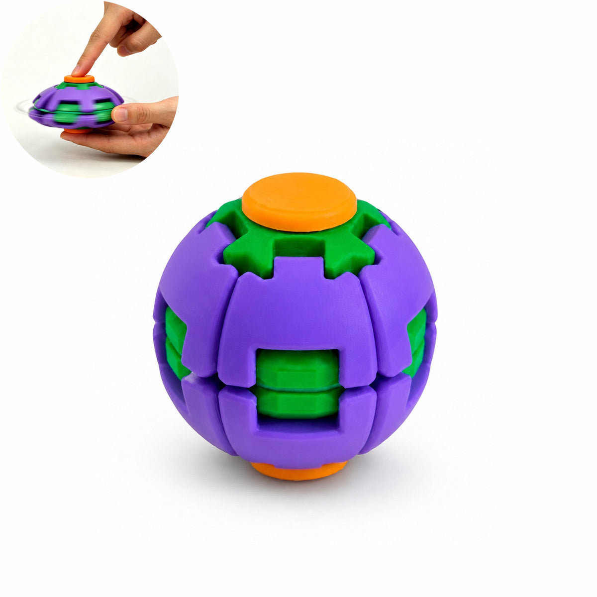 Purple, green and orange 3D-printed gear spinner fidget ball on a white background