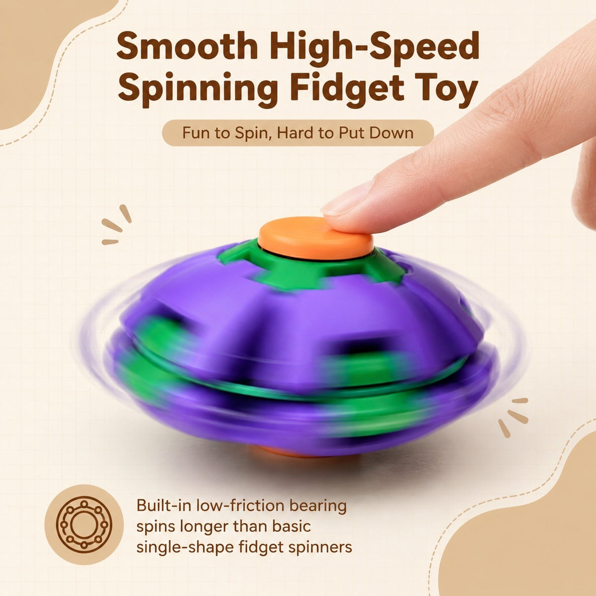 Finger pressing the top cap while the fidget ball spins