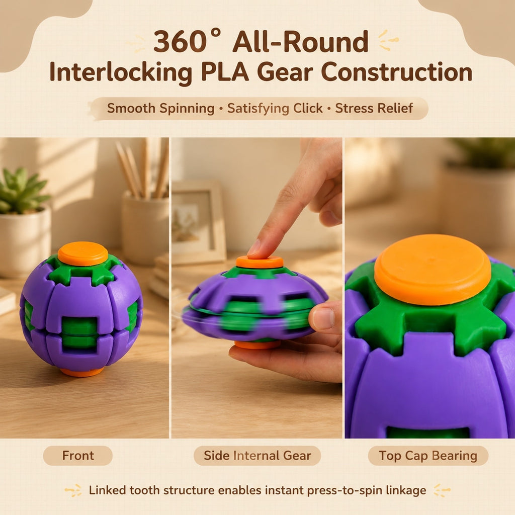 Front, side and top-cap views of the gear spinner fidget ball