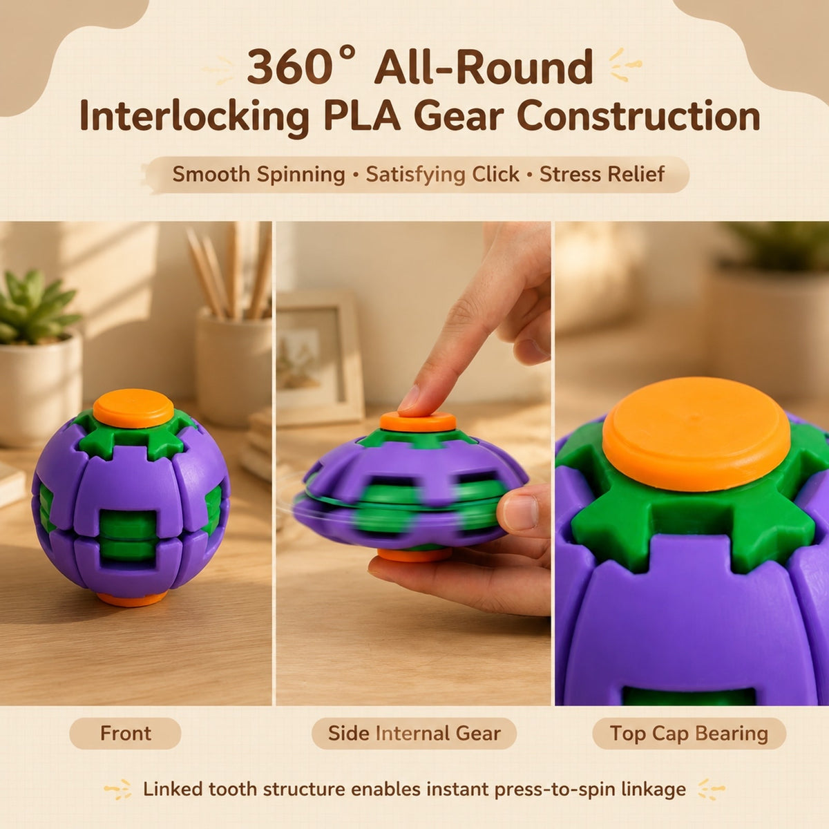 Front, side and top-cap views of the gear spinner fidget ball