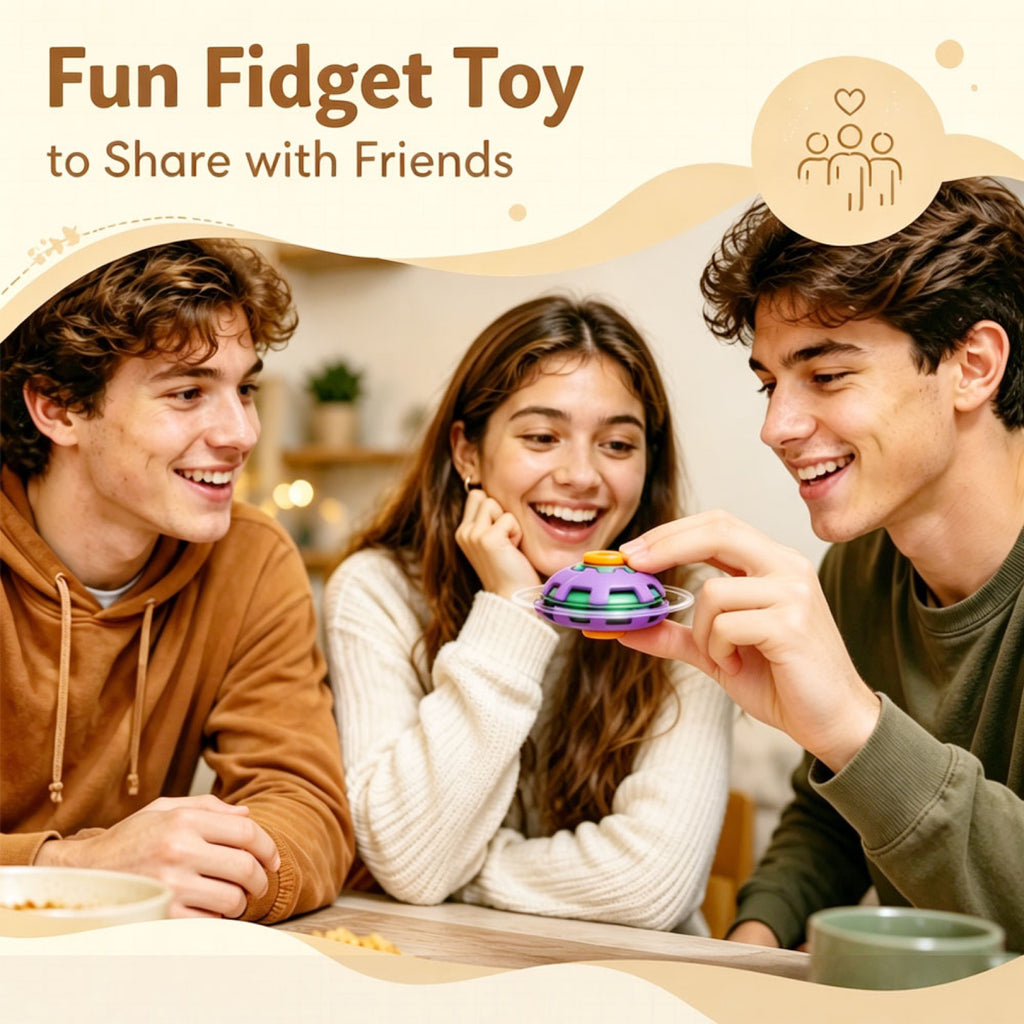 Three friends playing with the gear spinner fidget ball at a table