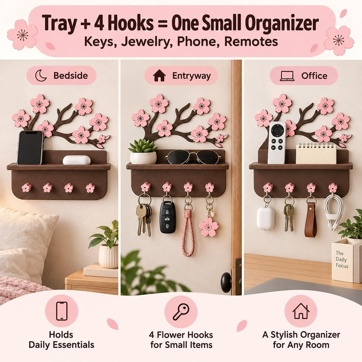 Cherry Blossom Wall Shelf with Key Hooks - view 4