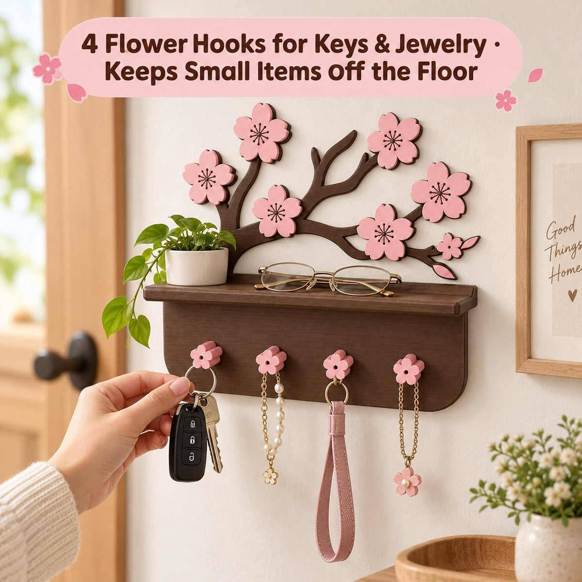Cherry Blossom Wall Shelf with Key Hooks - view 2