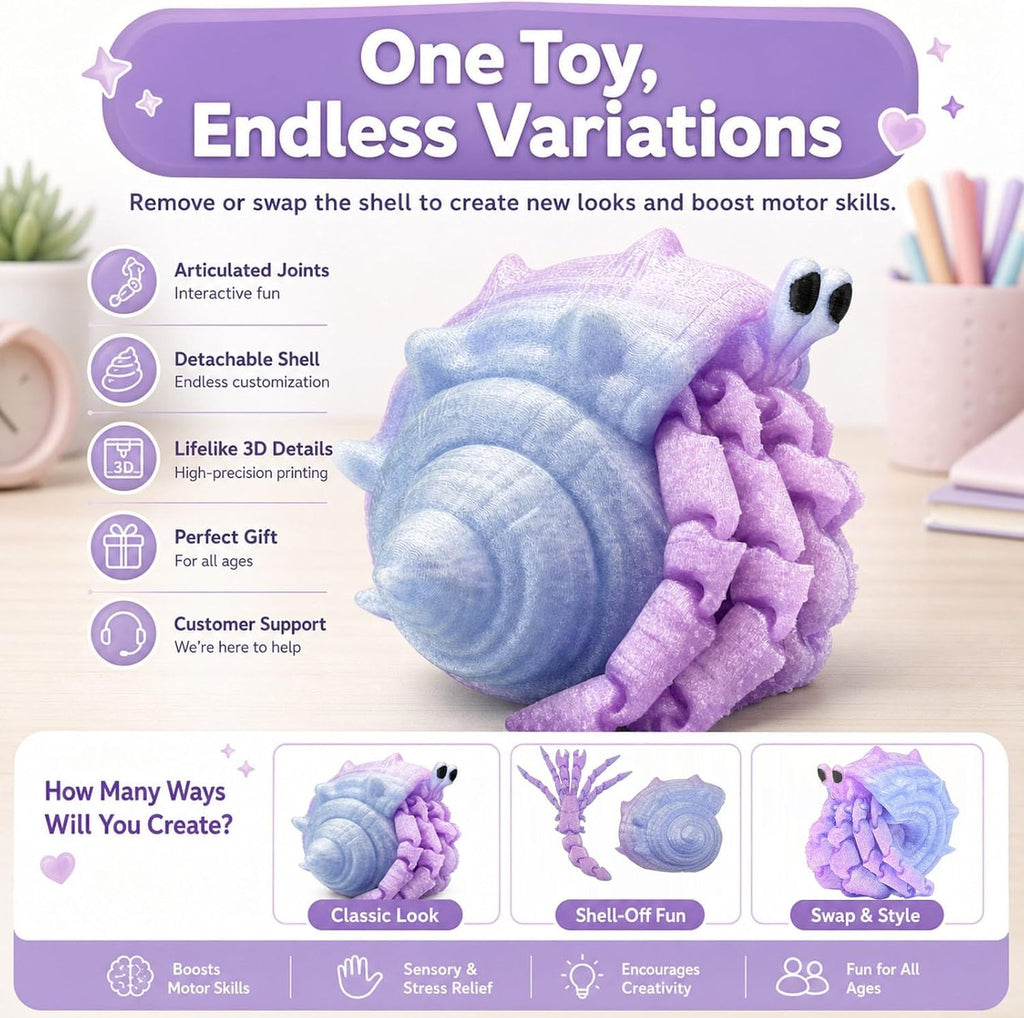 Articulated Hermit Crab Fidget Toy - Lavender Pink