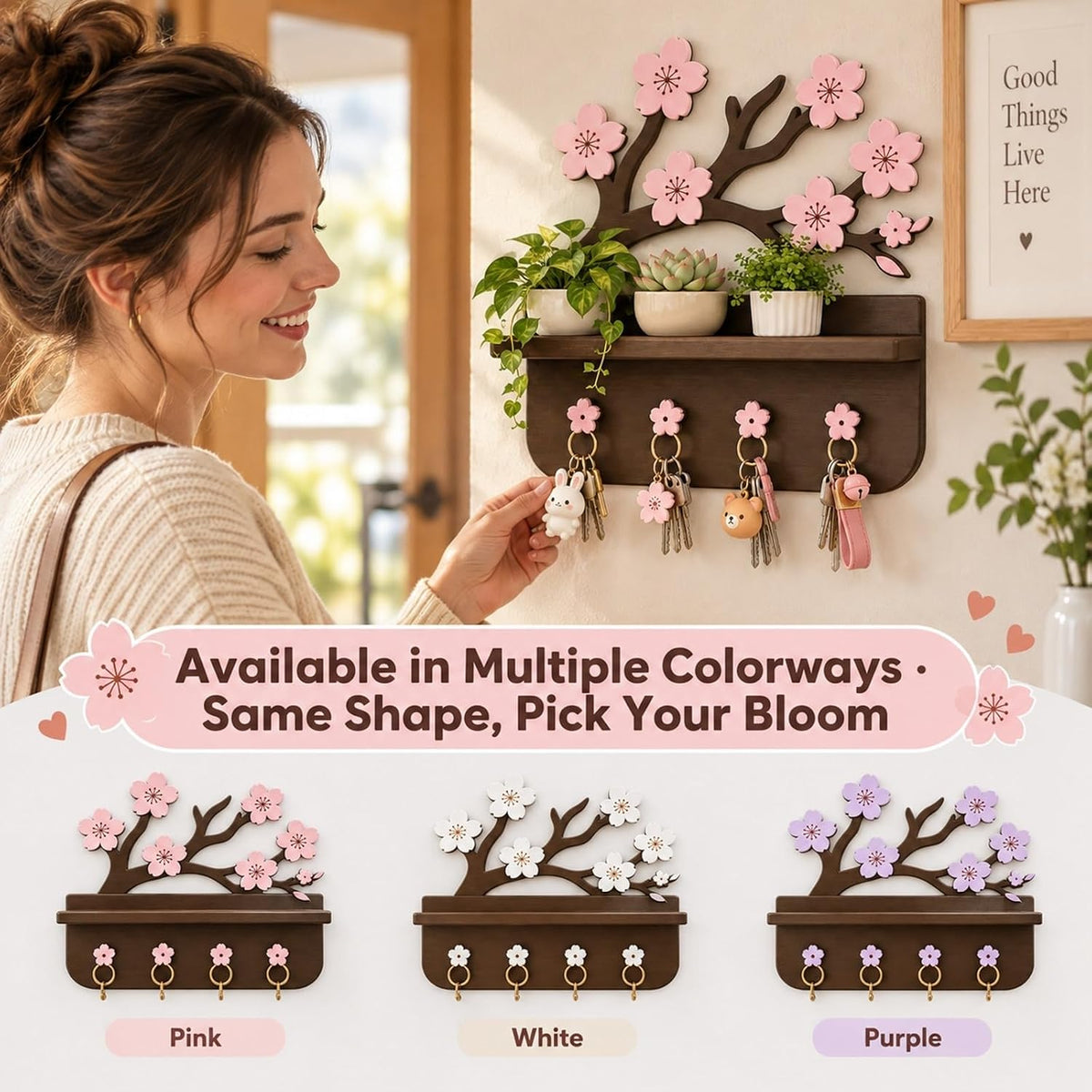 Cherry Blossom Wall Shelf with Key Hooks - view 5