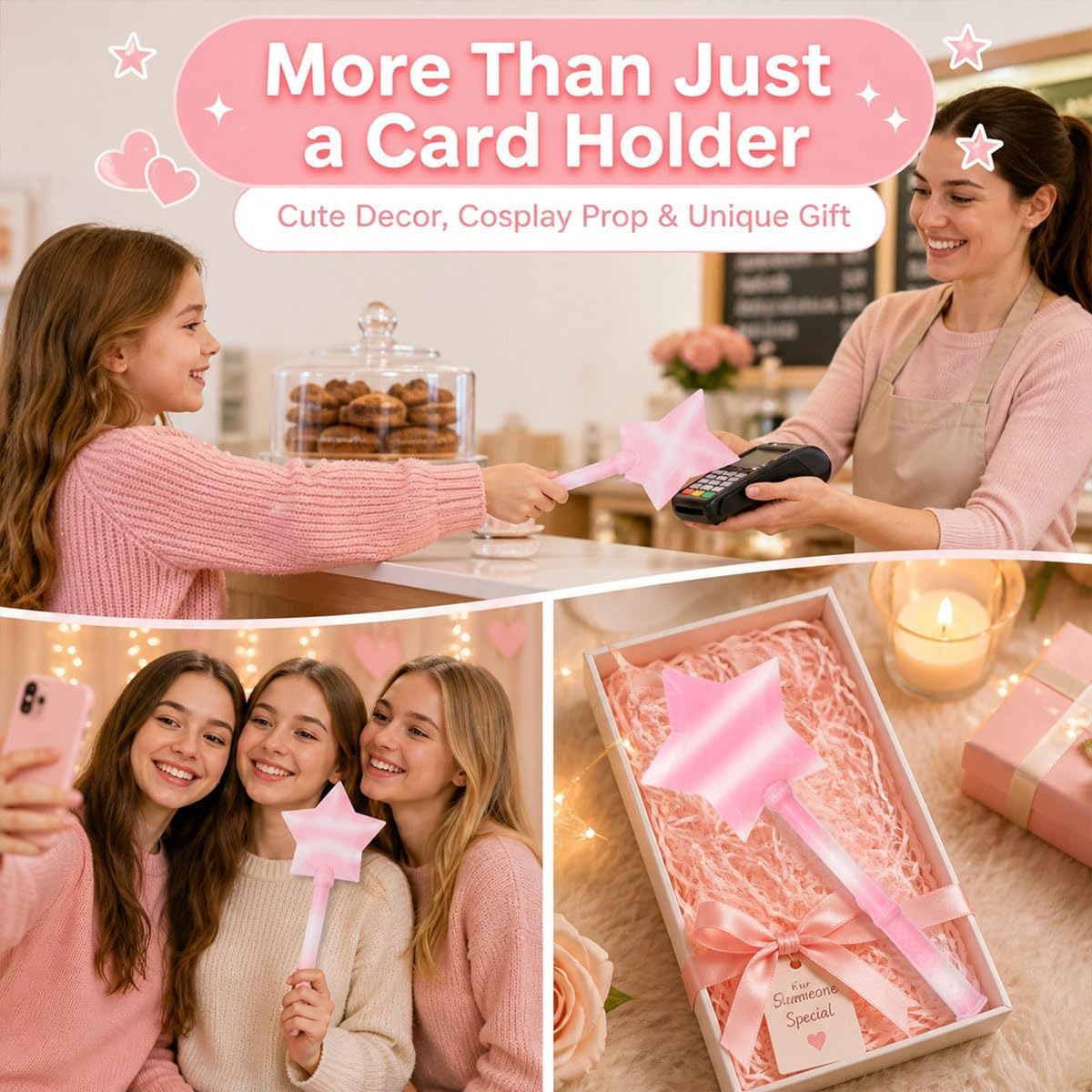 Star Wand Card Holder, Detachable 3-Piece - Pink Gradient