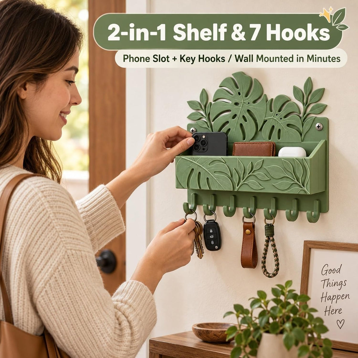Leaf Wall Shelf Organizer with Key Hooks - view 3