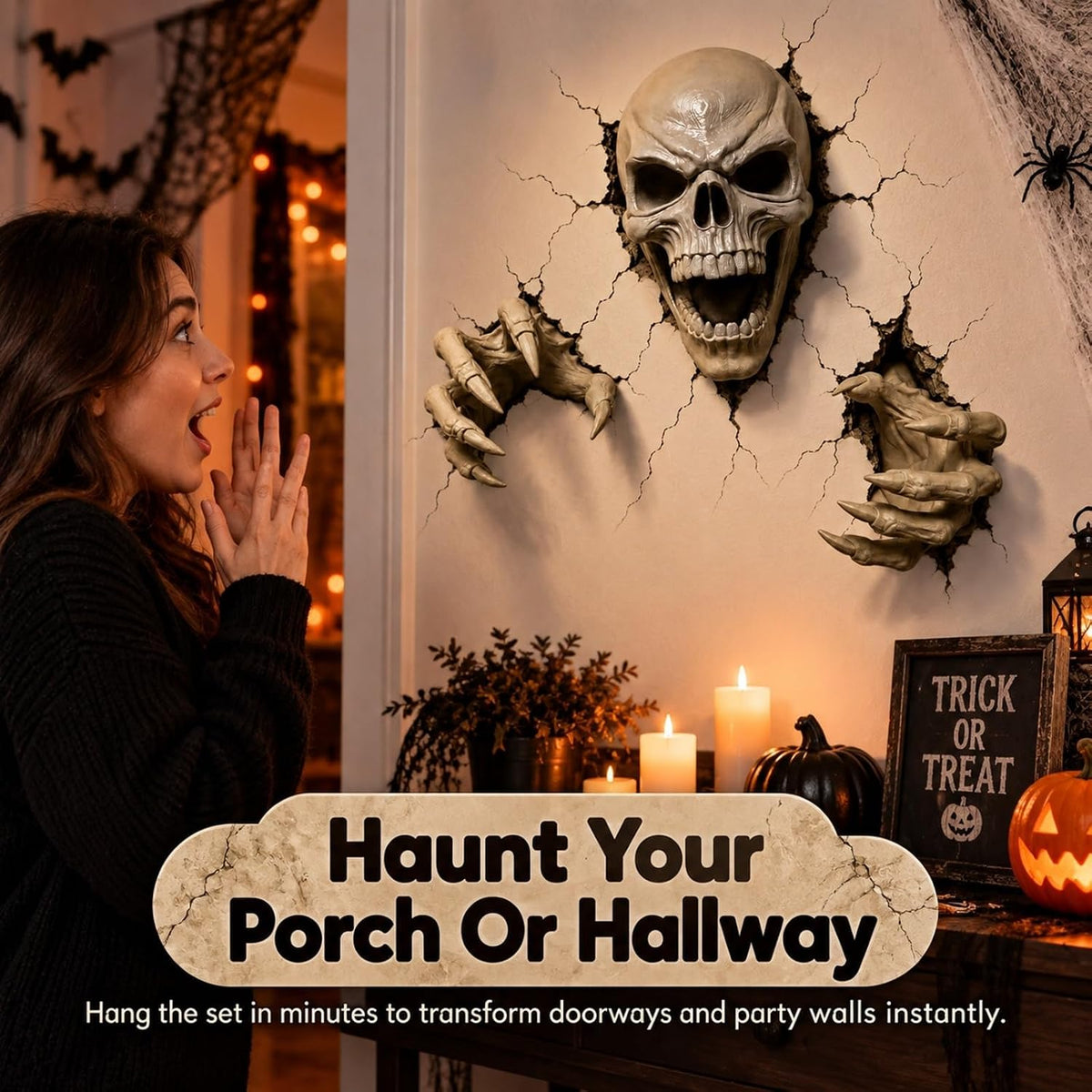 Skull Claws Wall Breach Halloween Decor Set - Bone