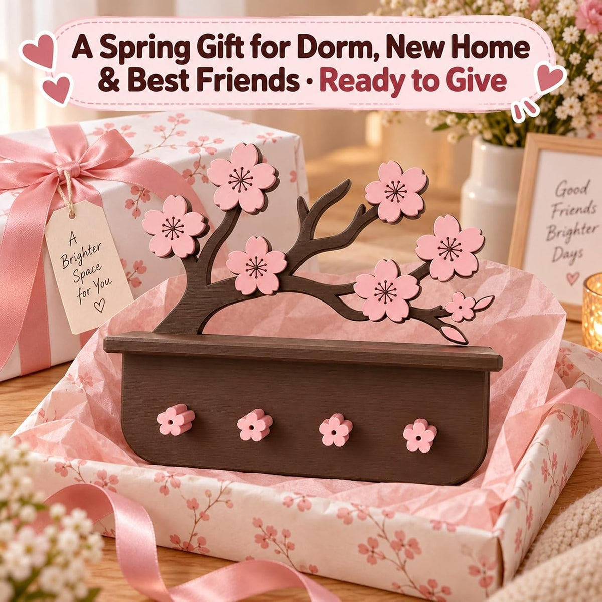 Cherry Blossom Wall Shelf with Key Hooks - view 6