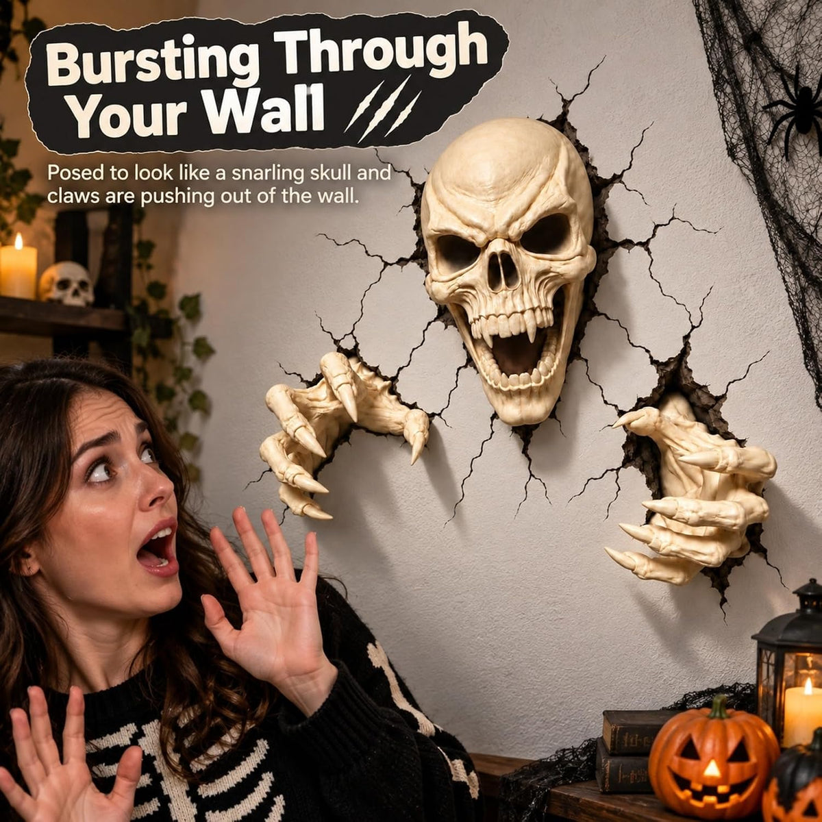 Skull Claws Wall Breach Halloween Decor Set - White