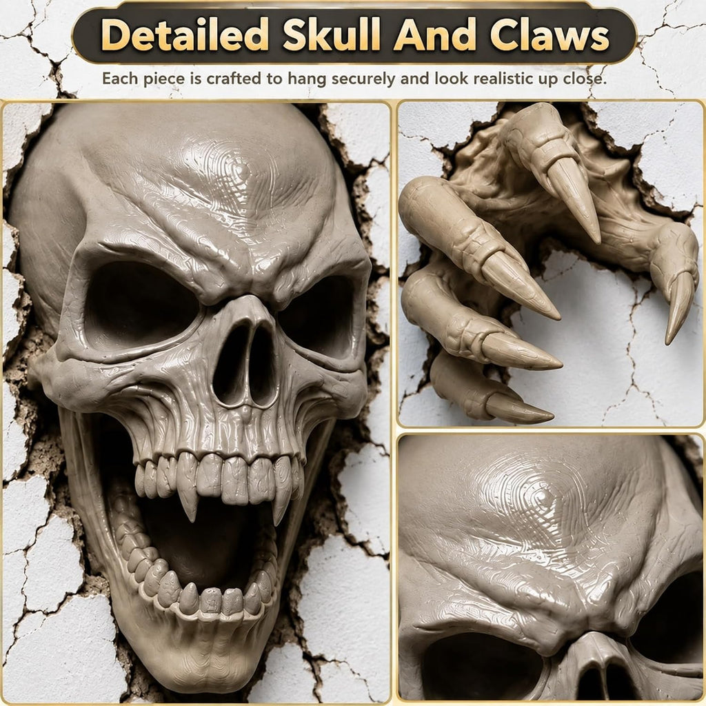 Skull Claws Wall Breach Halloween Decor Set - Bone