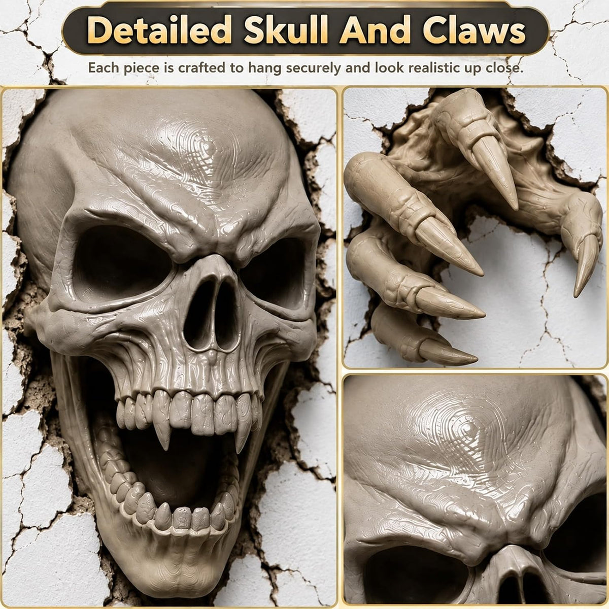 Skull Claws Wall Breach Halloween Decor Set - Bone